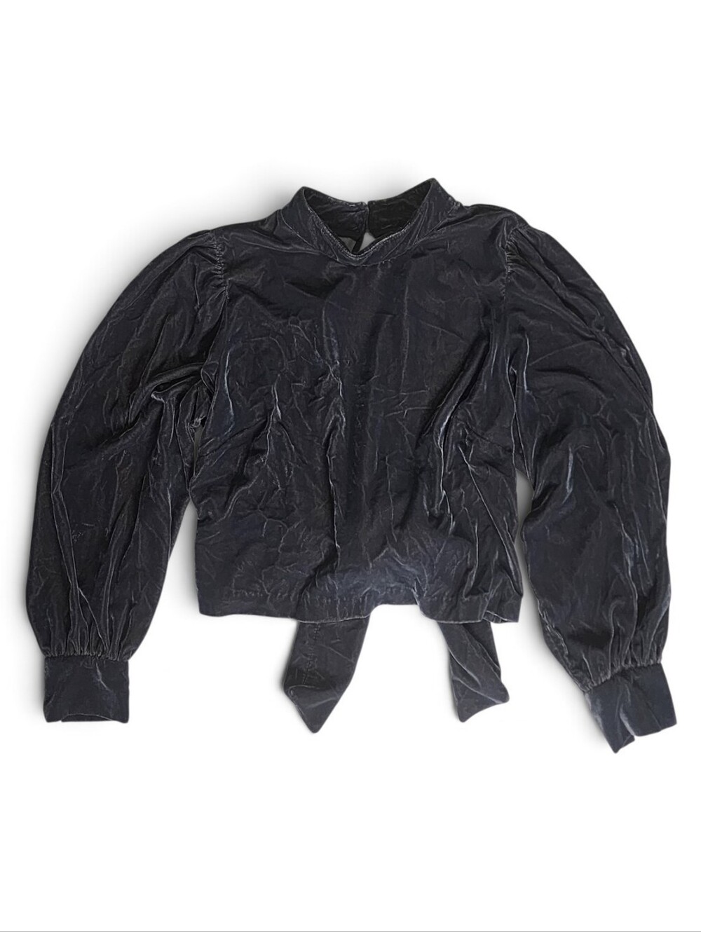 Soft Velour Velvet Deep Smokey Gray Long Sleeve Tie Back Blouse Top